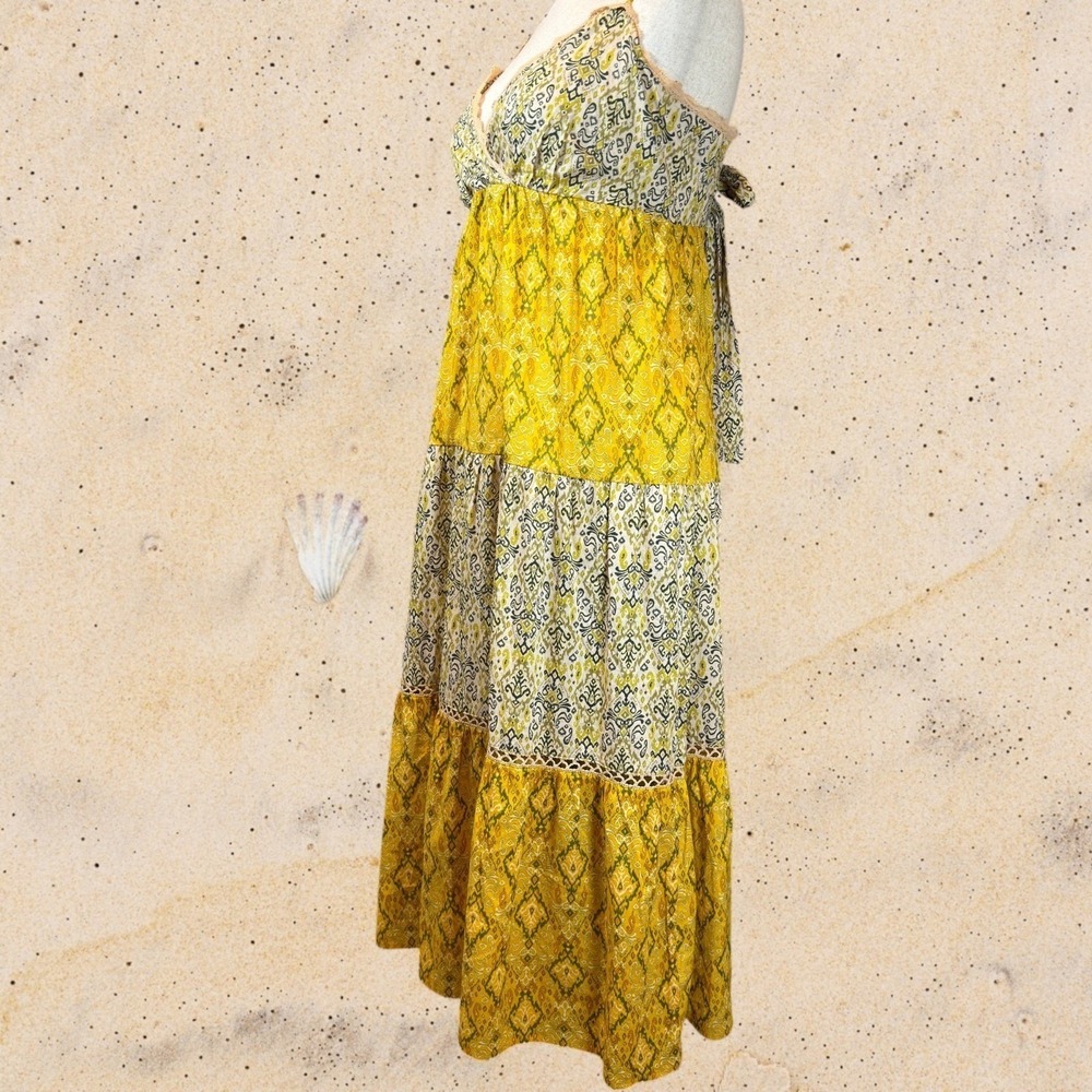 Francesca's 100% Cotton Boho Tiered Babydoll Maxi Dress M Tie Back Pockets - Picture 7 of 15